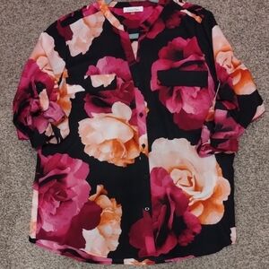 Calvin Klein Black Button-Up Blouse with Pink & Peach Floral Print